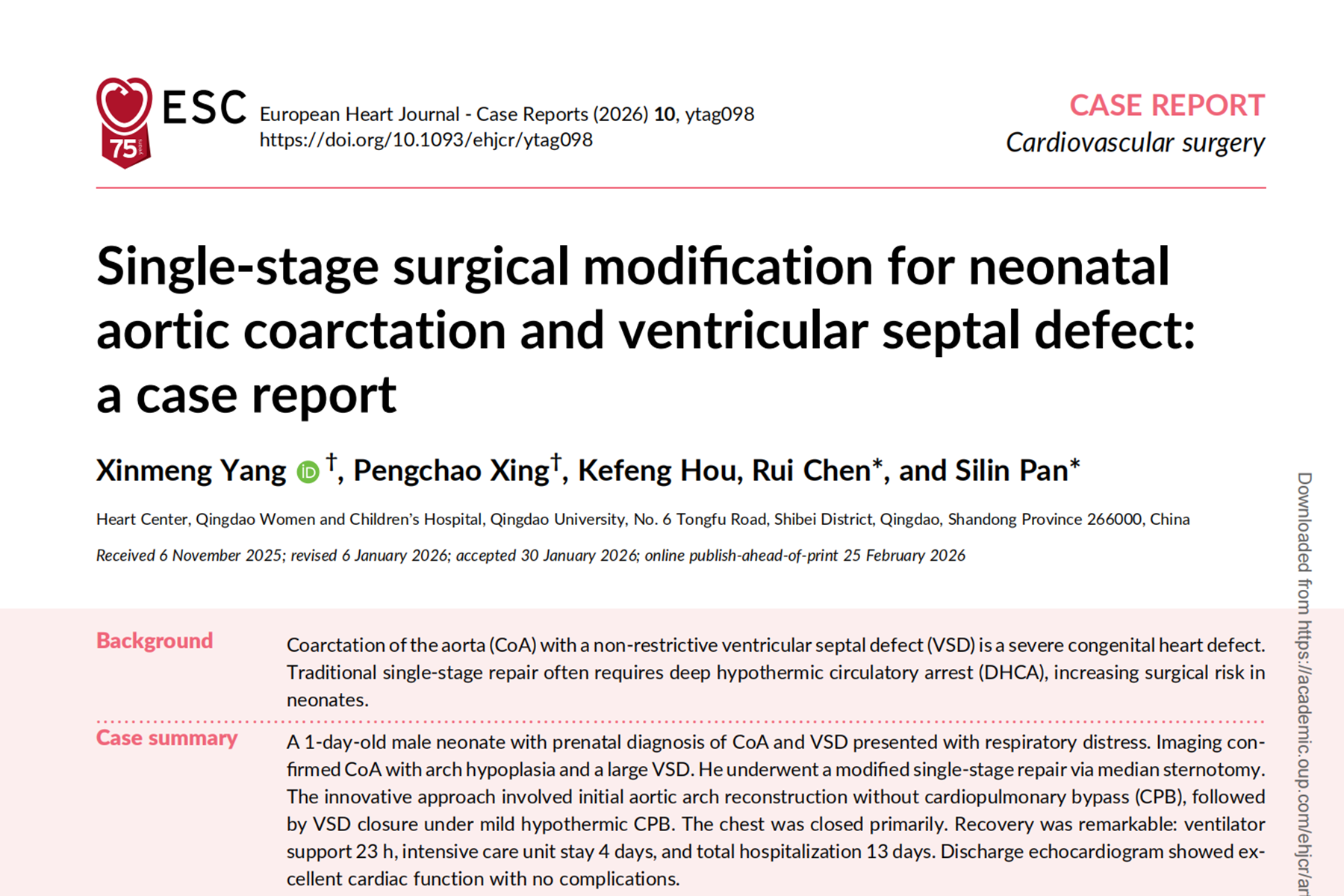 青岛大学附属妇女儿童医院在新生儿复杂先心外科领域发表高质量临床创新研究成果